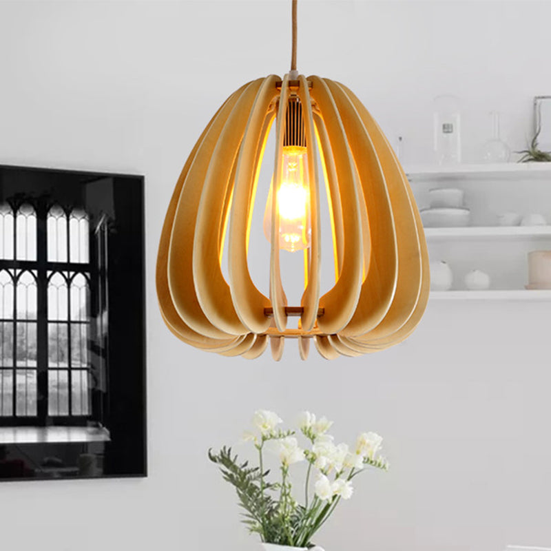 Jar Hanging Lamp Chinese Wood 1 Head Beige Pendant Light Fixture for Living Room Clearhalo 'Ceiling Lights' 'Pendant Lights' 'Pendants' Lighting' 313400