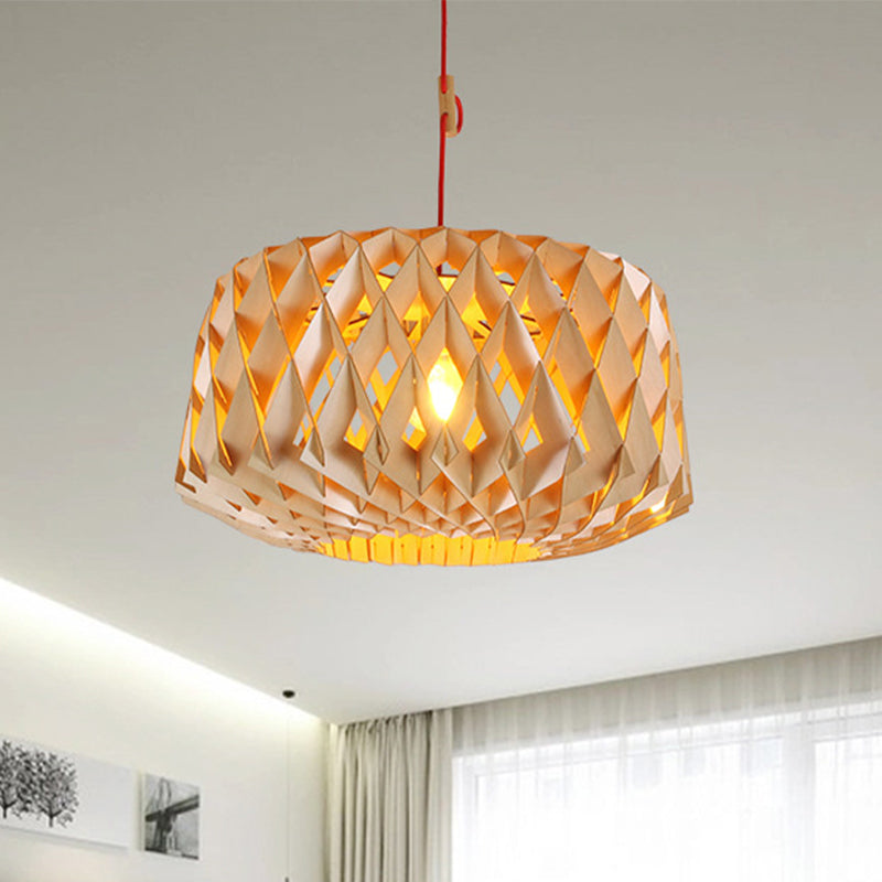 Laser Cut Hanging Light Japanese Wood 1 Head Beige Ceiling Suspension Lamp, 14"/23" Wide Clearhalo 'Ceiling Lights' 'Pendant Lights' 'Pendants' Lighting' 313428