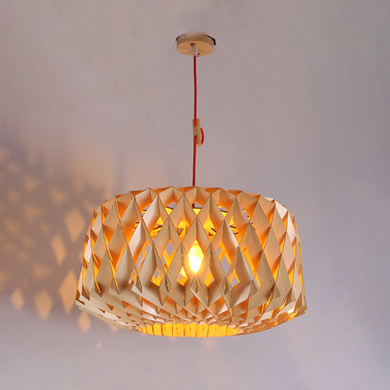 Laser Cut Hanging Light Japanese Wood 1 Head Beige Ceiling Suspension Lamp, 14"/23" Wide Clearhalo 'Ceiling Lights' 'Pendant Lights' 'Pendants' Lighting' 313429