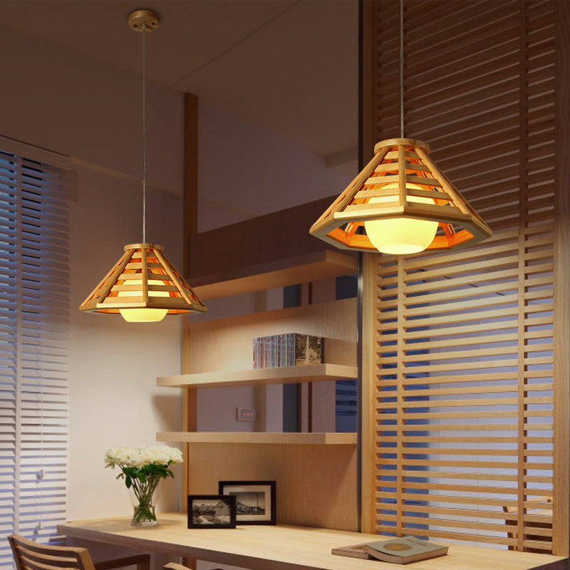 Beige Tapered Pendant Light South-East Asia 1 Bulb Wood Ceiling Suspension Lamp with Globe White Glass Shade Wood Clearhalo 'Ceiling Lights' 'Pendant Lights' 'Pendants' Lighting' 313468_4cbce479-d21b-414a-8b59-0622b79c429d