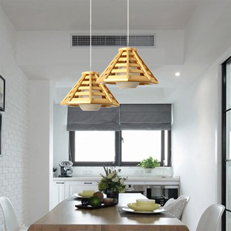 Beige Tapered Pendant Light South-East Asia 1 Bulb Wood Ceiling Suspension Lamp with Globe White Glass Shade Clearhalo 'Ceiling Lights' 'Pendant Lights' 'Pendants' Lighting' 313470