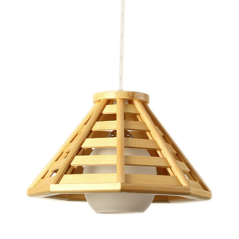 Beige Tapered Pendant Light South-East Asia 1 Bulb Wood Ceiling Suspension Lamp with Globe White Glass Shade Clearhalo 'Ceiling Lights' 'Pendant Lights' 'Pendants' Lighting' 313471