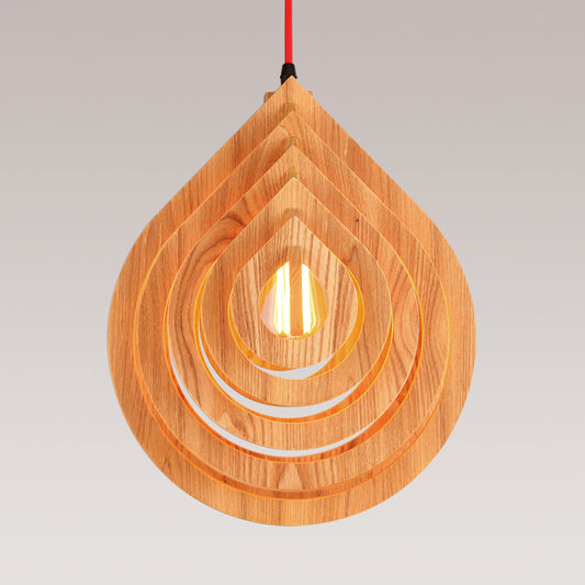 1 Bulb Living Room Ceiling Light Asia Beige Suspended Lighting Fixture with Droplet Wood Shade Wood Clearhalo 'Ceiling Lights' 'Pendant Lights' 'Pendants' Lighting' 313472_dec1ded8-6e5e-4646-b999-59d892695319