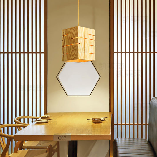1 Head Restaurant Pendant Lamp Modern Beige Ceiling Hanging Light with Rectangular Wood Shade Clearhalo 'Ceiling Lights' 'Pendant Lights' 'Pendants' Lighting' 313508
