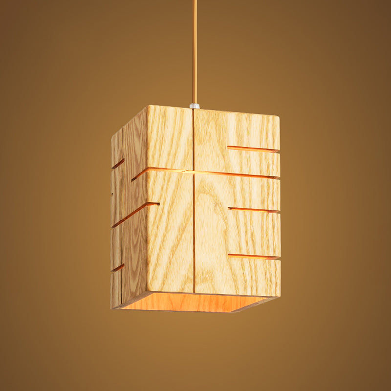 1 Head Restaurant Pendant Lamp Modern Beige Ceiling Hanging Light with Rectangular Wood Shade Clearhalo 'Ceiling Lights' 'Pendant Lights' 'Pendants' Lighting' 313510