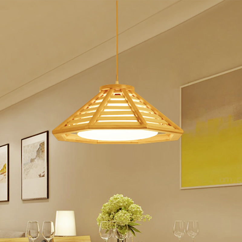 Tapered Hanging Lamp Asian Wood 1 Bulb 14"/19.5" Wide Beige Pendant Light Fixture with Inner White Fabric Shade Clearhalo 'Ceiling Lights' 'Pendant Lights' 'Pendants' Lighting' 313513