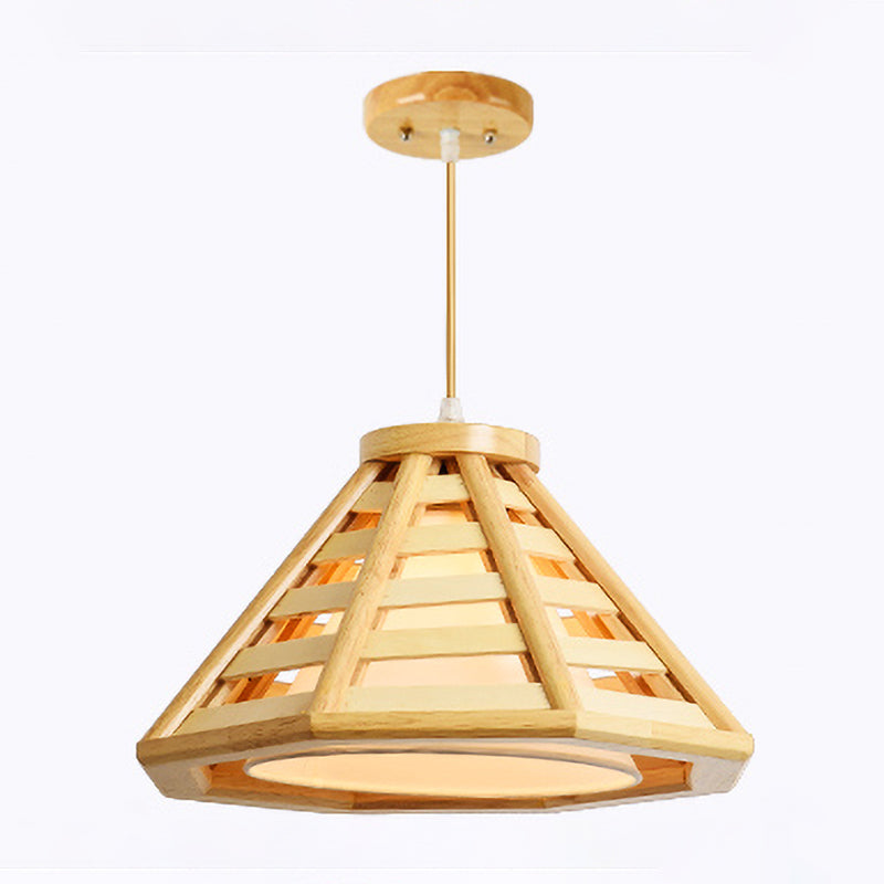 Tapered Hanging Lamp Asian Wood 1 Bulb 14"/19.5" Wide Beige Pendant Light Fixture with Inner White Fabric Shade Clearhalo 'Ceiling Lights' 'Pendant Lights' 'Pendants' Lighting' 313516