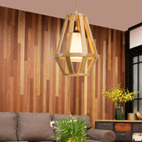 Asian Cage Pendant Light Wood 1 Bulb Suspended Lighting Fixuture in Beige with Inner Cylinder White Shade Clearhalo 'Ceiling Lights' 'Pendant Lights' 'Pendants' Lighting' 313527