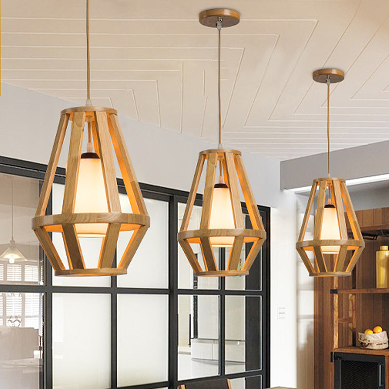 Asian Cage Pendant Light Wood 1 Bulb Suspended Lighting Fixuture in Beige with Inner Cylinder White Shade Clearhalo 'Ceiling Lights' 'Pendant Lights' 'Pendants' Lighting' 313528