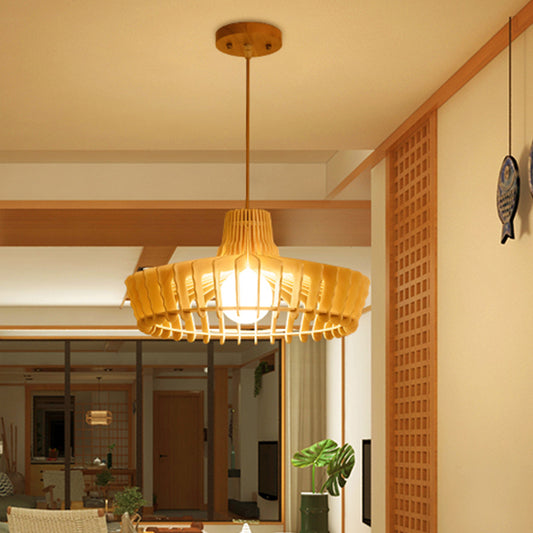 South-East Asia Hat Hanging Lamp Wood 1 Bulb Ceiling Pendant Light in Beige for Restaurant Clearhalo 'Ceiling Lights' 'Pendant Lights' 'Pendants' Lighting' 313536