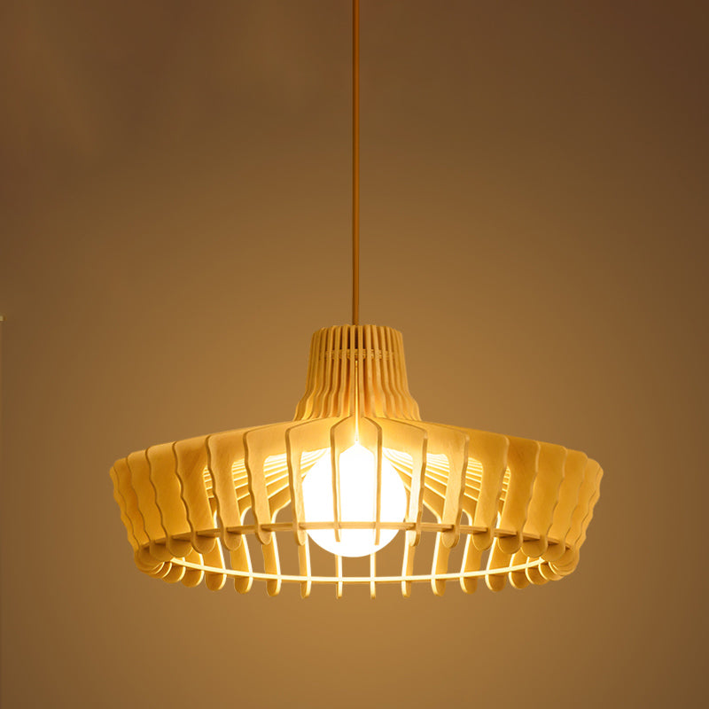 South-East Asia Hat Hanging Lamp Wood 1 Bulb Ceiling Pendant Light in Beige for Restaurant Clearhalo 'Ceiling Lights' 'Pendant Lights' 'Pendants' Lighting' 313538