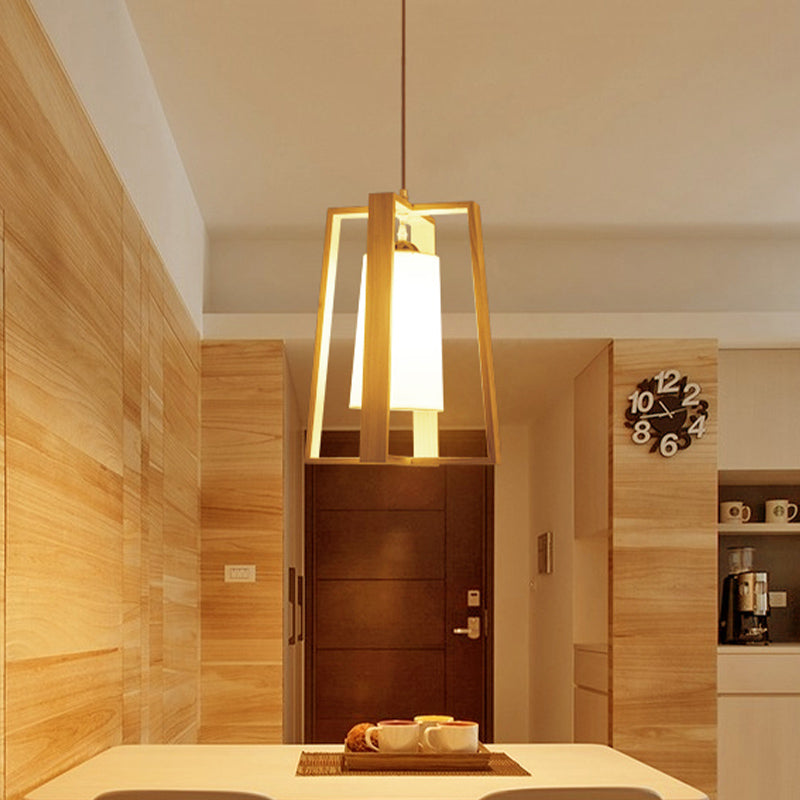 Trapezoid Pendant Light Asia Wood 10"/11" Wide 1 Head Beige Ceiling Suspension Lamp with Cylindrical Fabric Shade Wood Clearhalo 'Ceiling Lights' 'Pendant Lights' 'Pendants' Lighting' 313546_8acb181f-286e-45b6-bed6-404ee535cec2