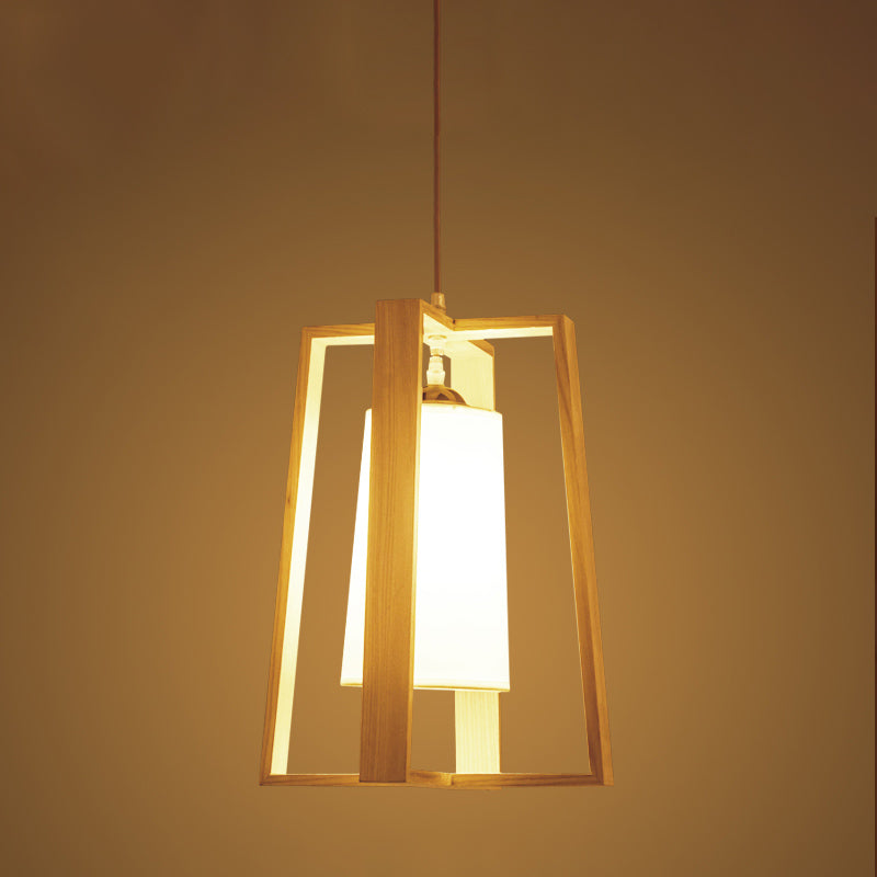 Trapezoid Pendant Light Asia Wood 10"/11" Wide 1 Head Beige Ceiling Suspension Lamp with Cylindrical Fabric Shade Clearhalo 'Ceiling Lights' 'Pendant Lights' 'Pendants' Lighting' 313549