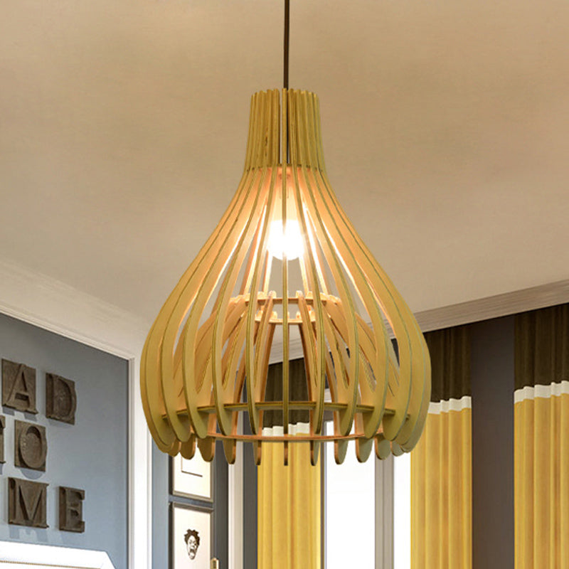 Chinese Pear-Shaped Pendant Lighting Wood 1 Head Ceiling Hanging Light in Beige Clearhalo 'Ceiling Lights' 'Pendant Lights' 'Pendants' Lighting' 313554