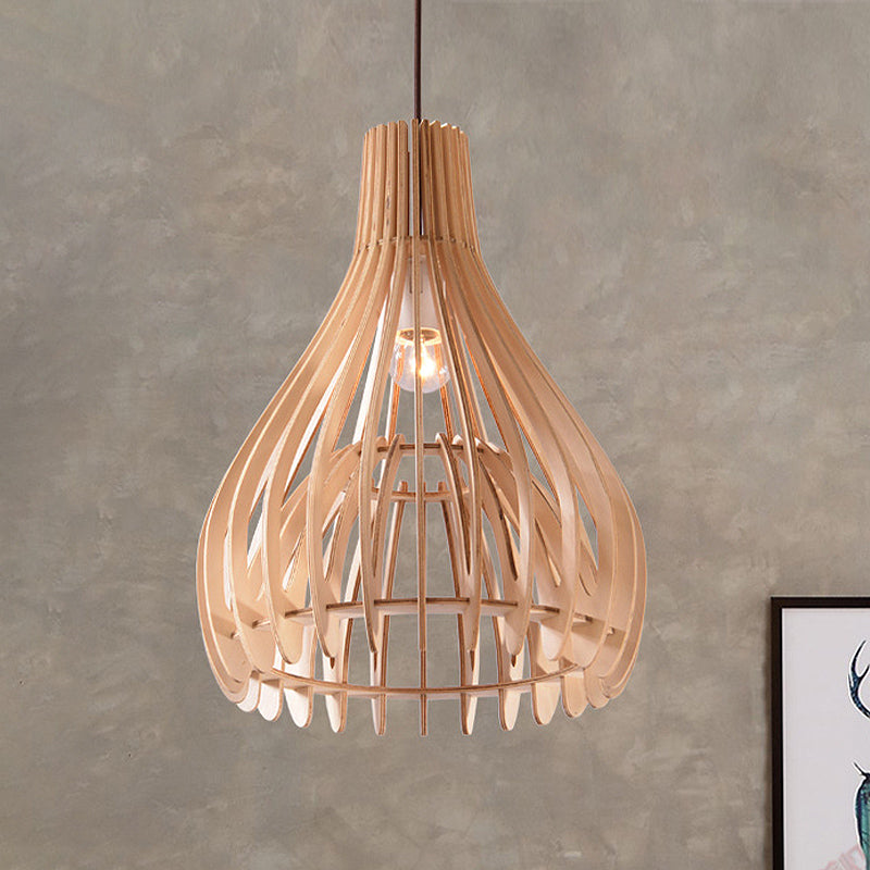 Chinese Pear-Shaped Pendant Lighting Wood 1 Head Ceiling Hanging Light in Beige Clearhalo 'Ceiling Lights' 'Pendant Lights' 'Pendants' Lighting' 313555