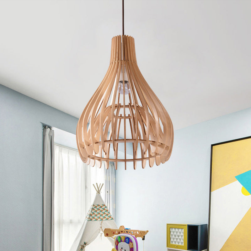 Chinese Pear-Shaped Pendant Lighting Wood 1 Head Ceiling Hanging Light in Beige Clearhalo 'Ceiling Lights' 'Pendant Lights' 'Pendants' Lighting' 313556