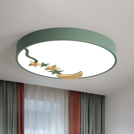 Round Metal Flush Lighting Contemporary Grey/White/Green 12"/16"/19.5" Dia LED Close to Ceiling Lamp with Wooden Moon and Star Decoration in White/Warm Light Clearhalo 'Ceiling Lights' 'Close To Ceiling Lights' 'Close to ceiling' 'Flush mount' Lighting' 313561