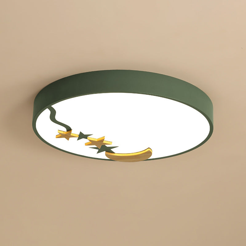 Round Metal Flush Lighting Contemporary Grey/White/Green 12"/16"/19.5" Dia LED Close to Ceiling Lamp with Wooden Moon and Star Decoration in White/Warm Light Clearhalo 'Ceiling Lights' 'Close To Ceiling Lights' 'Close to ceiling' 'Flush mount' Lighting' 313563