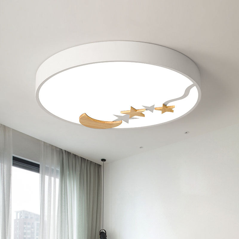 Round Metal Flush Lighting Contemporary Grey/White/Green 12"/16"/19.5" Dia LED Close to Ceiling Lamp with Wooden Moon and Star Decoration in White/Warm Light White White Clearhalo 'Ceiling Lights' 'Close To Ceiling Lights' 'Close to ceiling' 'Flush mount' Lighting' 313564