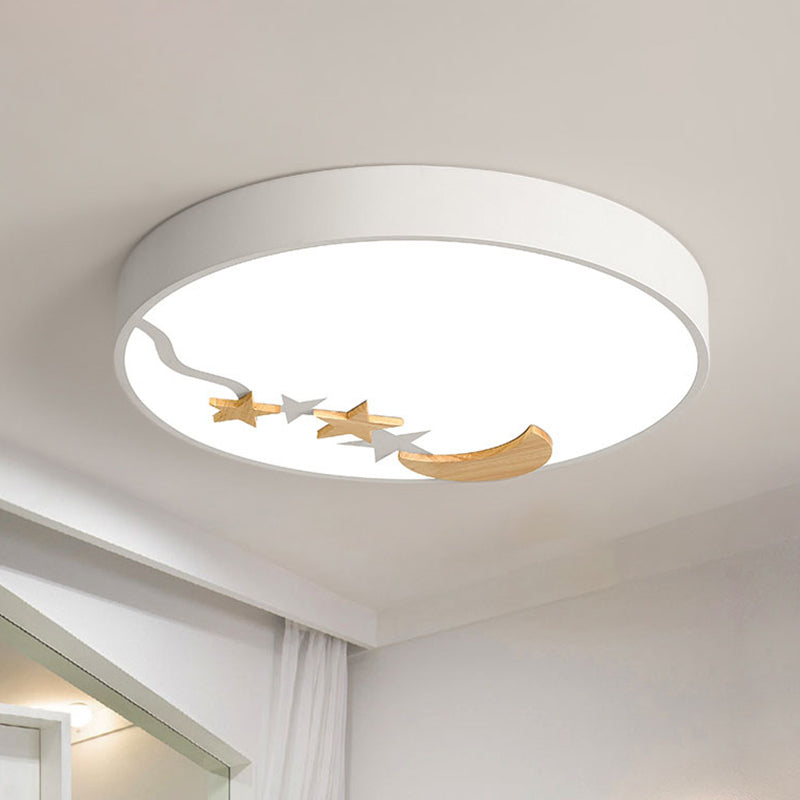 Round Metal Flush Lighting Contemporary Grey/White/Green 12"/16"/19.5" Dia LED Close to Ceiling Lamp with Wooden Moon and Star Decoration in White/Warm Light Clearhalo 'Ceiling Lights' 'Close To Ceiling Lights' 'Close to ceiling' 'Flush mount' Lighting' 313565