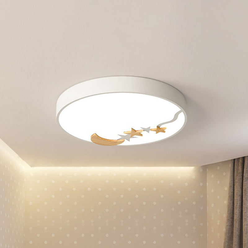 Round Metal Flush Lighting Contemporary Grey/White/Green 12"/16"/19.5" Dia LED Close to Ceiling Lamp with Wooden Moon and Star Decoration in White/Warm Light Clearhalo 'Ceiling Lights' 'Close To Ceiling Lights' 'Close to ceiling' 'Flush mount' Lighting' 313566