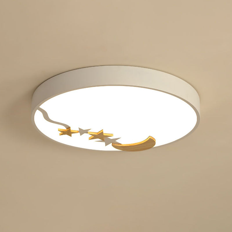 Round Metal Flush Lighting Contemporary Grey/White/Green 12"/16"/19.5" Dia LED Close to Ceiling Lamp with Wooden Moon and Star Decoration in White/Warm Light White Warm Clearhalo 'Ceiling Lights' 'Close To Ceiling Lights' 'Close to ceiling' 'Flush mount' Lighting' 313567