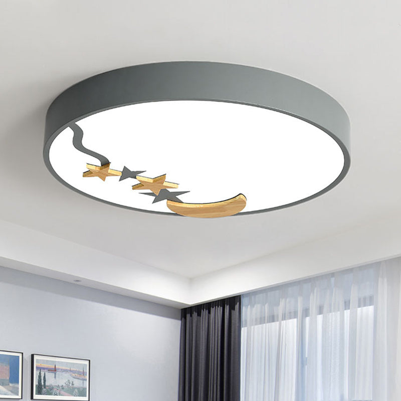 Round Metal Flush Lighting Contemporary Grey/White/Green 12"/16"/19.5" Dia LED Close to Ceiling Lamp with Wooden Moon and Star Decoration in White/Warm Light Grey White Clearhalo 'Ceiling Lights' 'Close To Ceiling Lights' 'Close to ceiling' 'Flush mount' Lighting' 313568