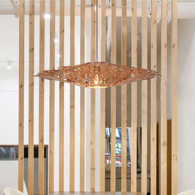 1 Head Dining Room Pendant Light Asia Beige Suspended Lighting Fixture with Laser Cut Wood Shade Clearhalo 'Ceiling Lights' 'Pendant Lights' 'Pendants' Lighting' 313612