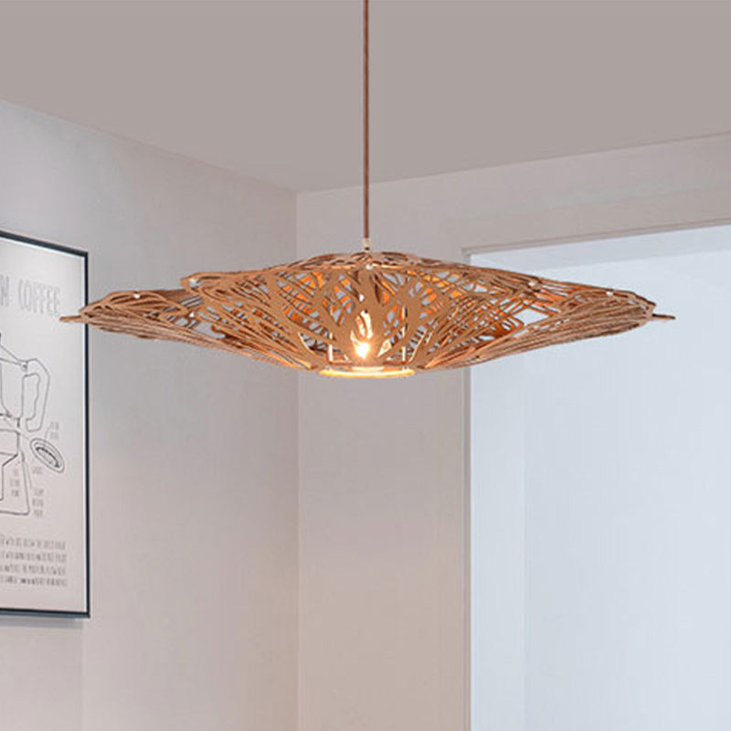 1 Head Dining Room Pendant Light Asia Beige Suspended Lighting Fixture with Laser Cut Wood Shade Clearhalo 'Ceiling Lights' 'Pendant Lights' 'Pendants' Lighting' 313613