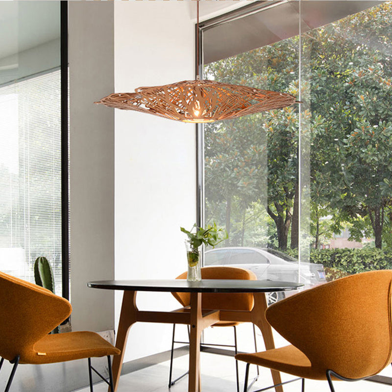 1 Head Dining Room Pendant Light Asia Beige Suspended Lighting Fixture with Laser Cut Wood Shade Clearhalo 'Ceiling Lights' 'Pendant Lights' 'Pendants' Lighting' 313614