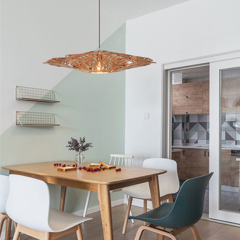 1 Head Dining Room Pendant Light Asia Beige Suspended Lighting Fixture with Laser Cut Wood Shade Clearhalo 'Ceiling Lights' 'Pendant Lights' 'Pendants' Lighting' 313615