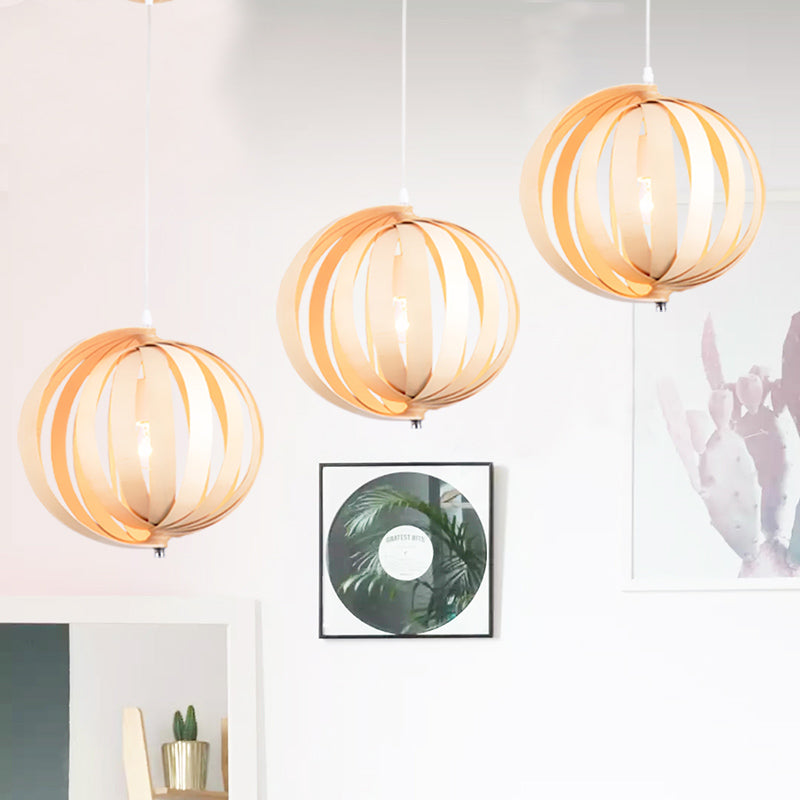 Globe Hanging Lighting Japanese Wood 14"/18" Wide 1 Bulb Beige Ceiling Pendant Light Clearhalo 'Ceiling Lights' 'Pendant Lights' 'Pendants' Lighting' 313616