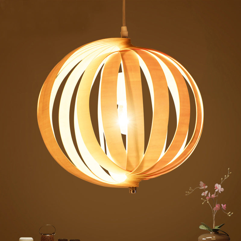 Globe Hanging Lighting Japanese Wood 14"/18" Wide 1 Bulb Beige Ceiling Pendant Light Clearhalo 'Ceiling Lights' 'Pendant Lights' 'Pendants' Lighting' 313617