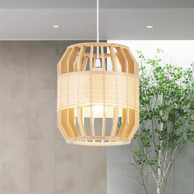 Barrel Ceiling Lamp Chinese Wood 1 Head Beige Hanging Light Fixture for Living Room, 9"/13" Wide Wood Clearhalo 'Ceiling Lights' 'Pendant Lights' 'Pendants' Lighting' 313623_dc32b794-faa2-40a9-b2a9-9b86406ebd0e