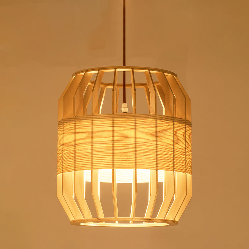 Barrel Ceiling Lamp Chinese Wood 1 Head Beige Hanging Light Fixture for Living Room, 9"/13" Wide Clearhalo 'Ceiling Lights' 'Pendant Lights' 'Pendants' Lighting' 313625