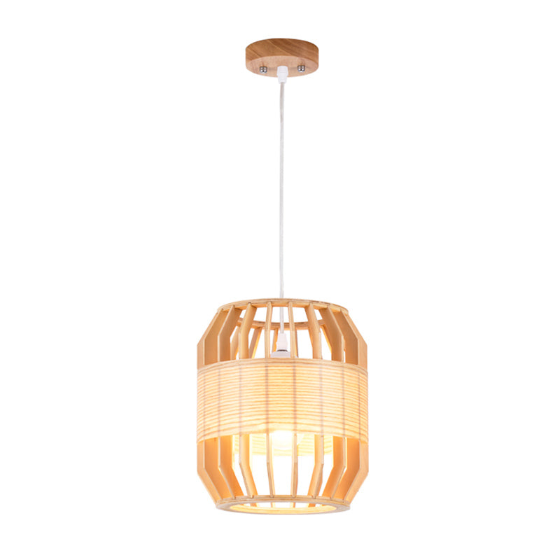 Barrel Ceiling Lamp Chinese Wood 1 Head Beige Hanging Light Fixture for Living Room, 9"/13" Wide Clearhalo 'Ceiling Lights' 'Pendant Lights' 'Pendants' Lighting' 313626