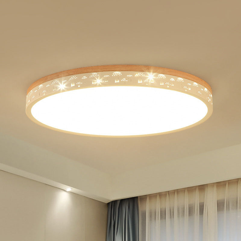 Wood Circle Flush Light Fixture Modernist LED White Ceiling Mount Lamp with Acrylic Diffuser in White/Warm Light, 12"/16"/19.5" Wide White Clearhalo 'Ceiling Lights' 'Close To Ceiling Lights' 'Close to ceiling' 'Flush mount' Lighting' 313627