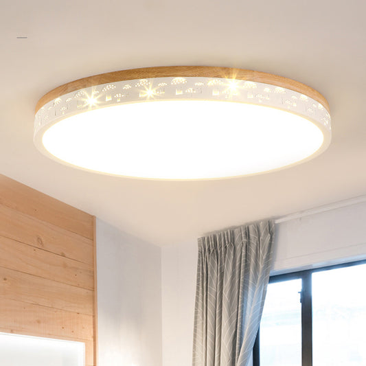 Wood Circle Flush Light Fixture Modernist LED White Ceiling Mount Lamp with Acrylic Diffuser in White/Warm Light, 12"/16"/19.5" Wide Clearhalo 'Ceiling Lights' 'Close To Ceiling Lights' 'Close to ceiling' 'Flush mount' Lighting' 313628