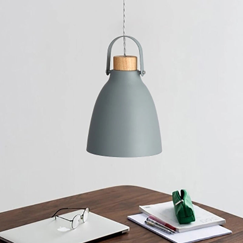 Flared Metal Down Lighting Contemporary 1 Head Grey Hanging Light Fixture with Wood Cap Grey Clearhalo 'Ceiling Lights' 'Modern Pendants' 'Modern' 'Pendant Lights' 'Pendants' Lighting' 313786