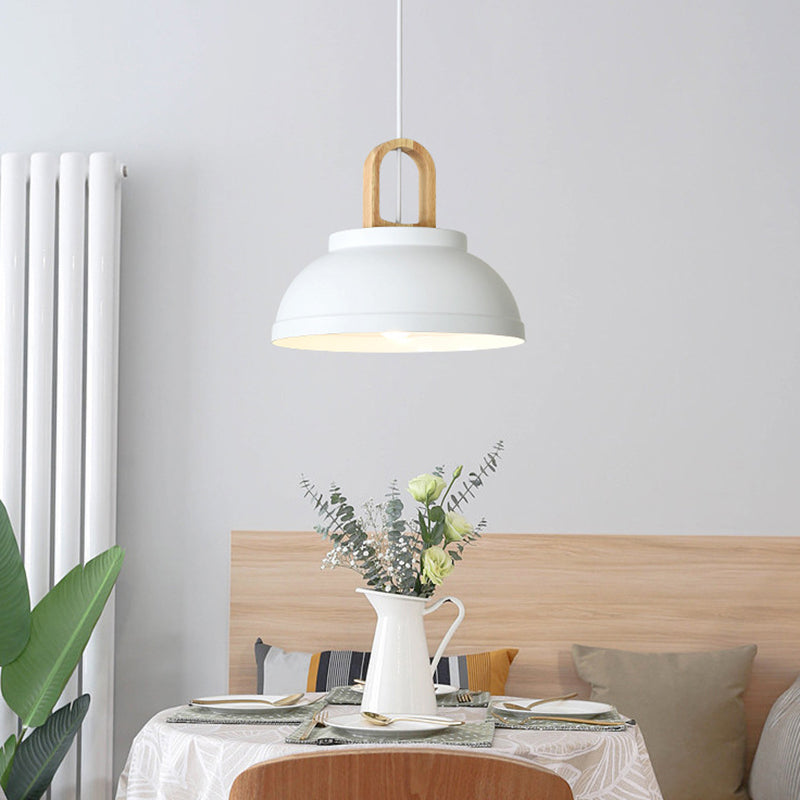 Metal Bowl Hanging Lighting Modernism 1 Bulb Ceiling Suspension Lamp in Grey/White with Wood Handle White Clearhalo 'Ceiling Lights' 'Modern Pendants' 'Modern' 'Pendant Lights' 'Pendants' Lighting' 313788