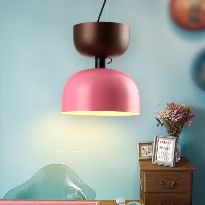 Metal Domed Pendant Light Contemporary 1 Head Suspended Lighting Fixture in Pink/Green Pink Clearhalo 'Ceiling Lights' 'Modern Pendants' 'Modern' 'Pendant Lights' 'Pendants' Lighting' 313812