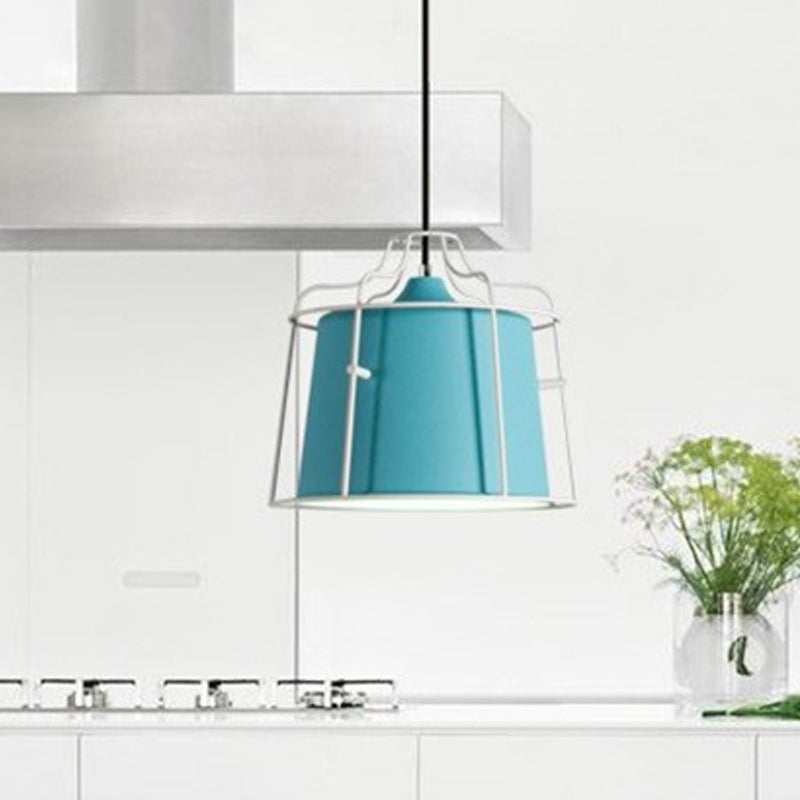 Macaron 1 Head Ceiling Lamp White/Yellow/Blue Bell Hanging Light Fixture with Metal Shade for Dining Room Blue Clearhalo 'Ceiling Lights' 'Modern Pendants' 'Modern' 'Pendant Lights' 'Pendants' Lighting' 313837