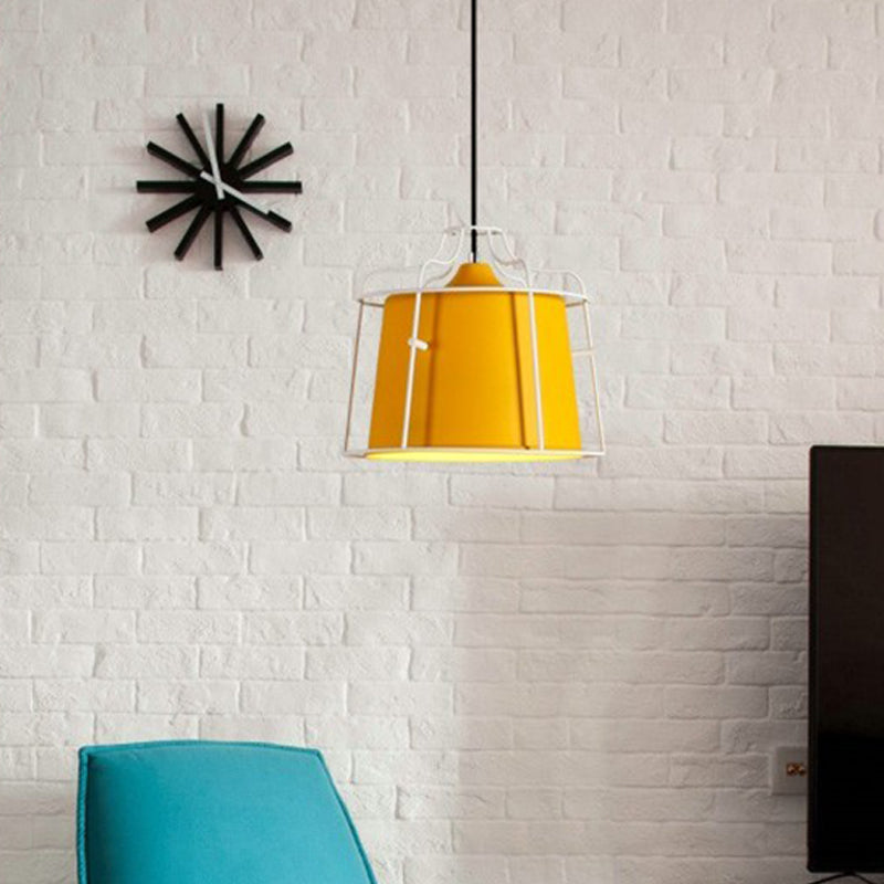 Macaron 1 Head Ceiling Lamp White/Yellow/Blue Bell Hanging Light Fixture with Metal Shade for Dining Room Yellow Clearhalo 'Ceiling Lights' 'Modern Pendants' 'Modern' 'Pendant Lights' 'Pendants' Lighting' 313839