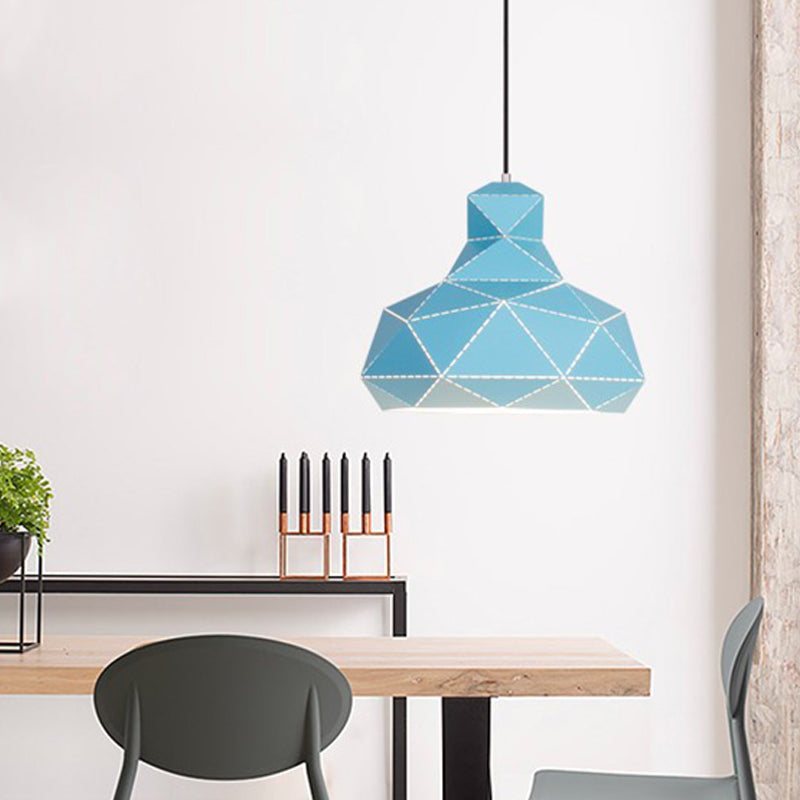 Hat Ceiling Lighting Contemporary Metal 1 Head White/Pink/Blue Suspension Pendant Light, 12"/15" Wide Blue Clearhalo 'Ceiling Lights' 'Modern Pendants' 'Modern' 'Pendant Lights' 'Pendants' Lighting' 313846