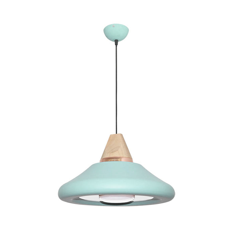 Macaron Wide Flare Down Lighting Metal 1 Bulb Pendant Light Fixture in Blue/Green with Wood Cap Clearhalo 'Ceiling Lights' 'Modern Pendants' 'Modern' 'Pendant Lights' 'Pendants' Lighting' 313854