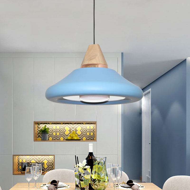 Macaron Wide Flare Down Lighting Metal 1 Bulb Pendant Light Fixture in Blue/Green with Wood Cap Blue Clearhalo 'Ceiling Lights' 'Modern Pendants' 'Modern' 'Pendant Lights' 'Pendants' Lighting' 313855