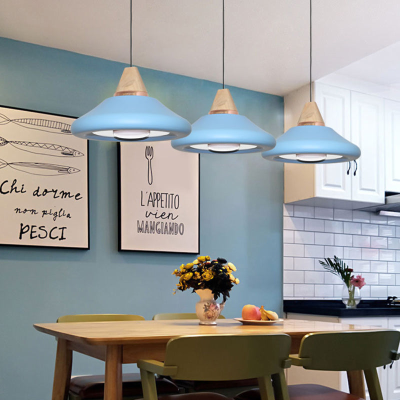 Macaron Wide Flare Down Lighting Metal 1 Bulb Pendant Light Fixture in Blue/Green with Wood Cap Clearhalo 'Ceiling Lights' 'Modern Pendants' 'Modern' 'Pendant Lights' 'Pendants' Lighting' 313856