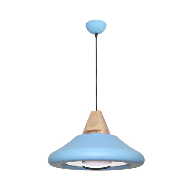 Macaron Wide Flare Down Lighting Metal 1 Bulb Pendant Light Fixture in Blue/Green with Wood Cap Clearhalo 'Ceiling Lights' 'Modern Pendants' 'Modern' 'Pendant Lights' 'Pendants' Lighting' 313857