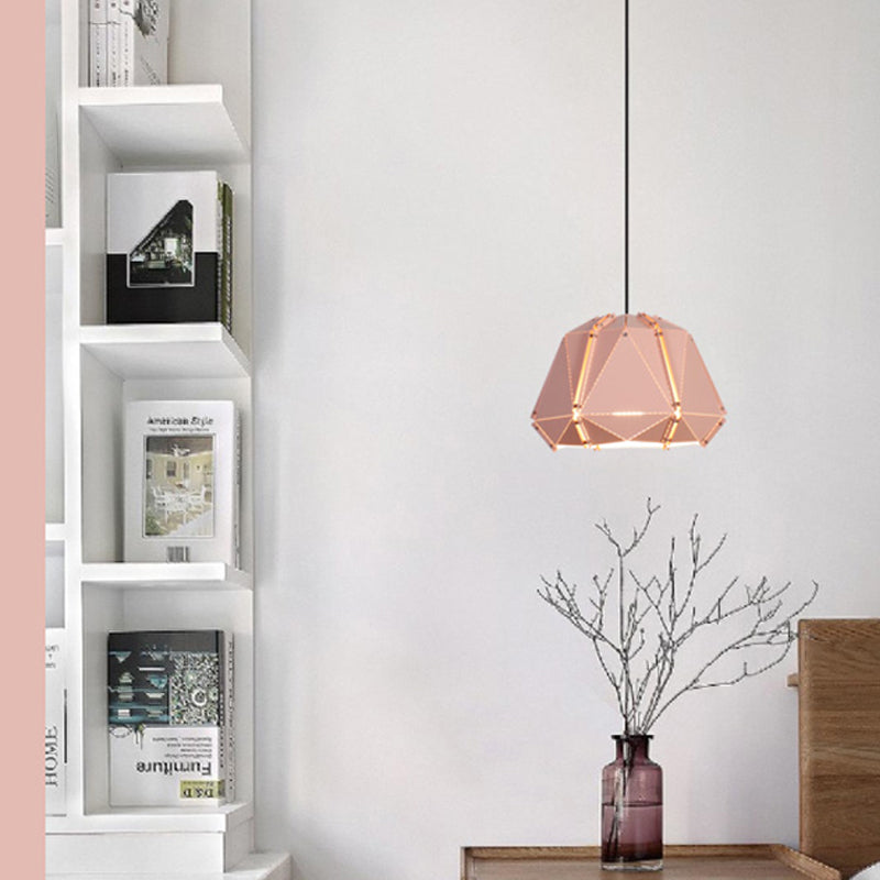 Geometric Metal Hanging Light Modernism 1 Head White/Pink Suspended Lighting Fixture for Bedroom Pink Clearhalo 'Ceiling Lights' 'Modern Pendants' 'Modern' 'Pendant Lights' 'Pendants' Lighting' 313861