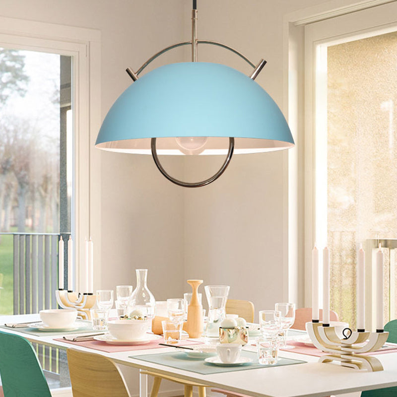 Metal Bowl Down Lighting Macaron 1 Head Blue/White/Khaki Hanging Ceiling Light with Handle Blue Clearhalo 'Ceiling Lights' 'Modern Pendants' 'Modern' 'Pendant Lights' 'Pendants' Lighting' 313899